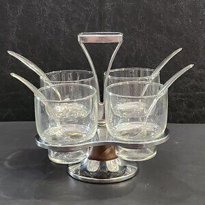 Vintage MCM Chrome Spinning Condiment Caddy With 4 Cups And Spoons